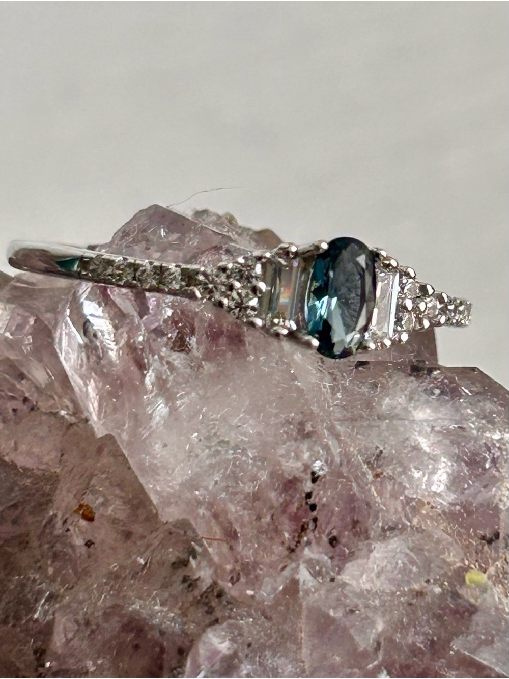 Sterling Silver Blue Sapphire Oval Ring with Pave Accents